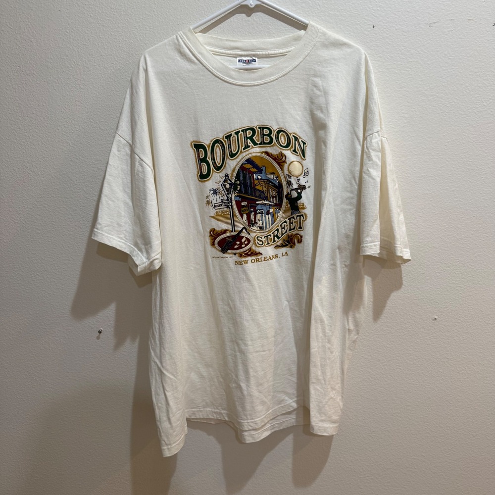 Vintage 1998 Jerzees Bourbon Street New Orleans T-Shirt Mens 2XL White Jazz NOLA